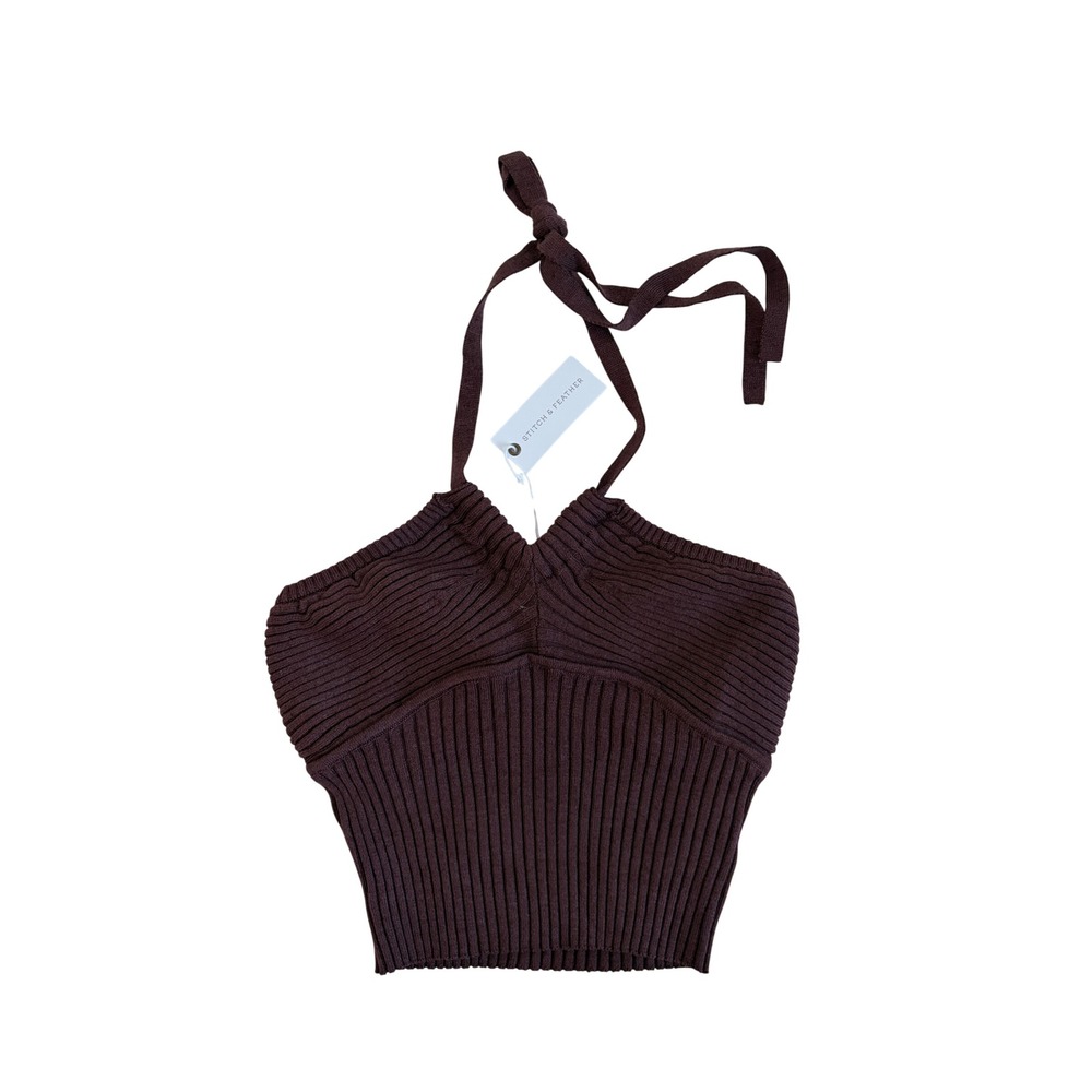 Miss Love Brown Ribbed Halter Crop Top Knit V-Neck SWT7494 Womens Medium NWT